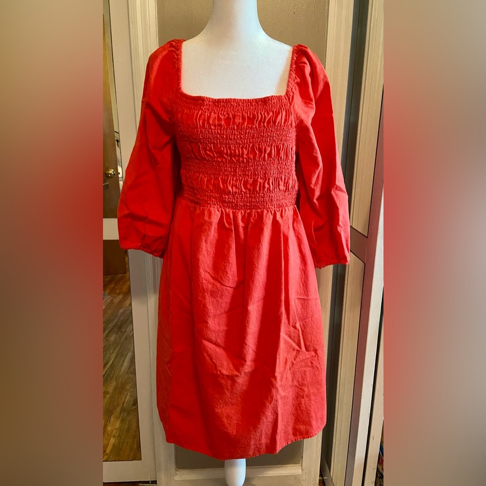 Puff Elbow Sleeve Smocked Linen Mini Maternity Dress